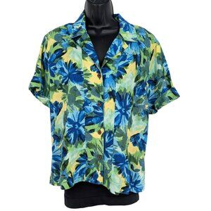 Chicos Tropical Floral Linen Button Up Shirt Resort Beach Cruise Cottage Size L